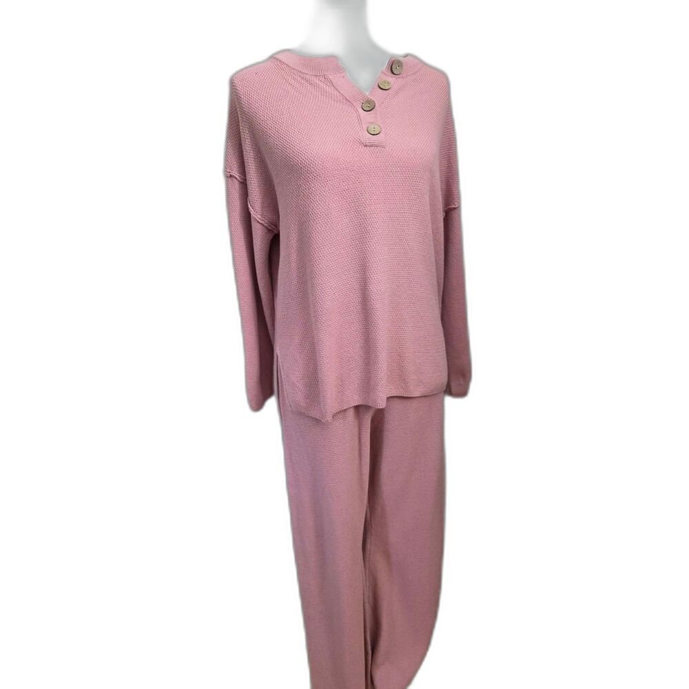 Lillusory Knit Lounge Set Waffle Henley Wide Leg